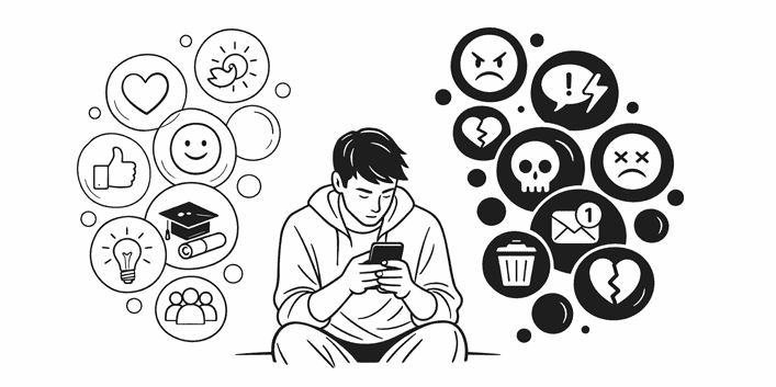 אדם שקוע בטלפון, מוקף בועות חיוביות ושליליות מרשתות חברתיות
